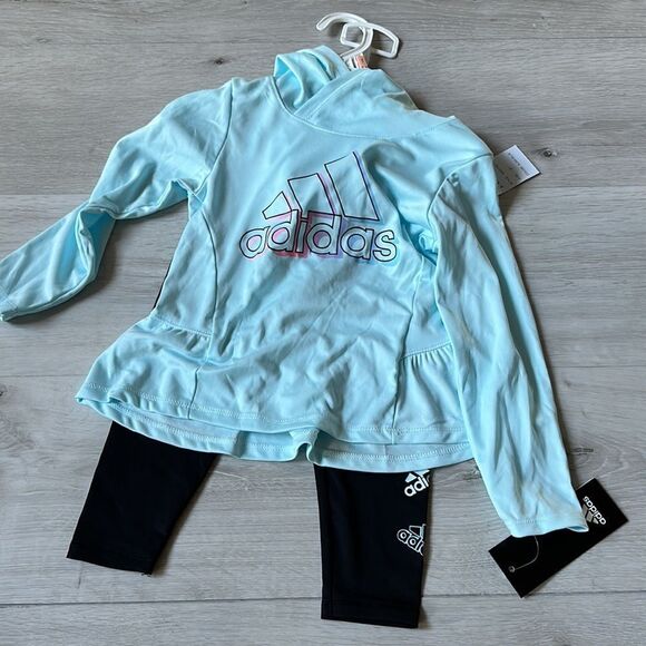 adidas Blue Logo Ruffle Hooded Long-Sleeve Top & Black Leggings 2T NWT IN PKG - Picture 4 of 5